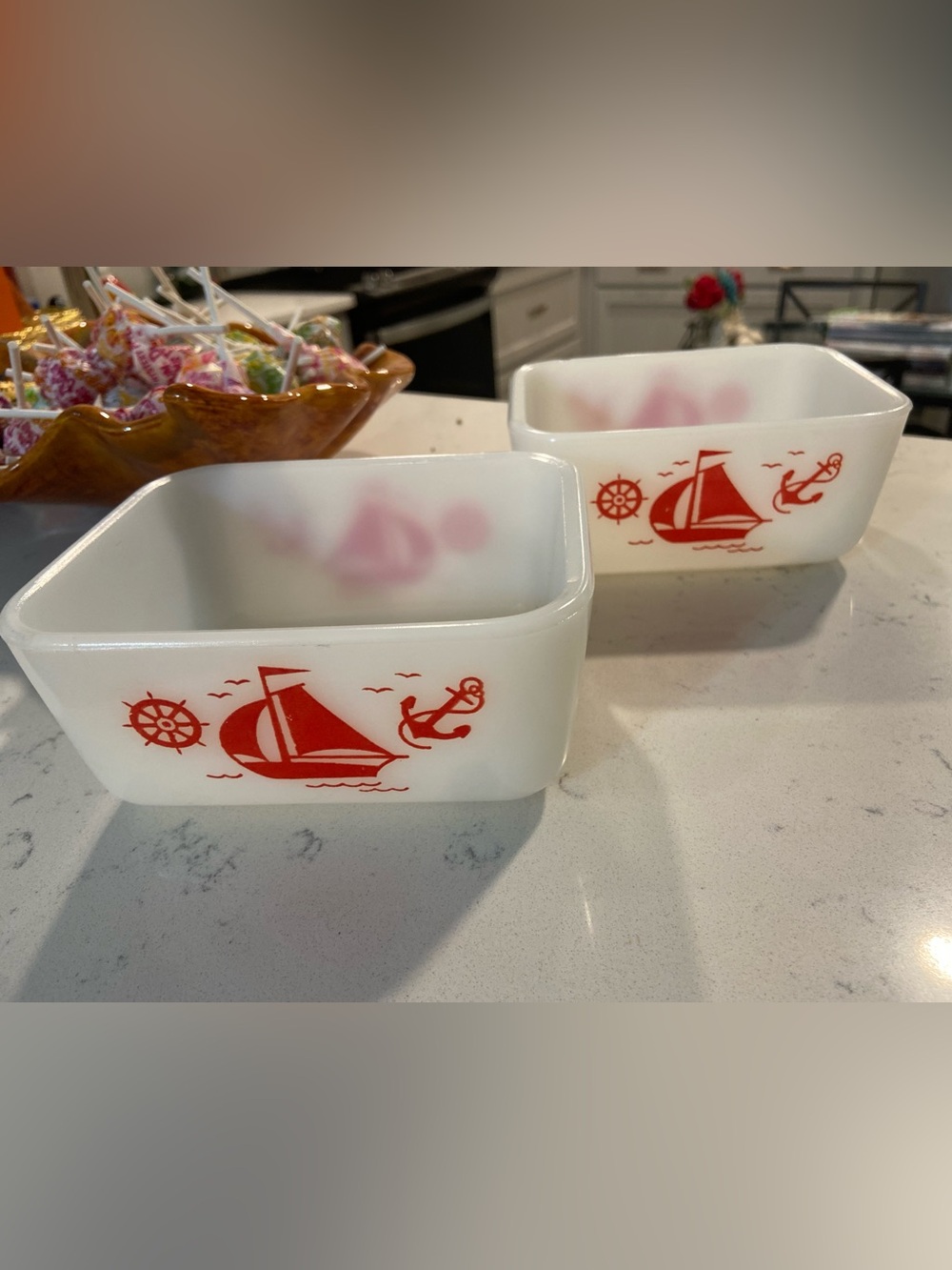 Vintage Red Sailboat Milk Glass Baking Dishes - Set of 2